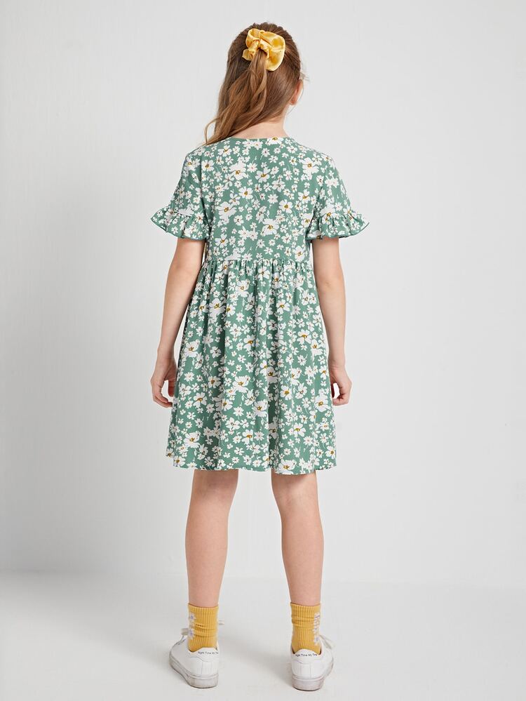 SHEIN 女孩荷葉邊袖紐扣花卉娃娃洋裝 - 彩色 - 查看 2