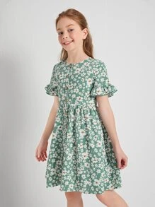 SHEIN Girls Ruffle Cuff Button Front Floral Smock Dress - Multicolor - View 3
