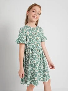 SHEIN Girls Ruffle Cuff Button Front Floral Smock Dress - Multicolor - View 4