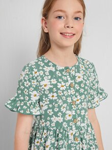 SHEIN Girls Ruffle Cuff Button Front Floral Smock Dress - Multicolor - View 5