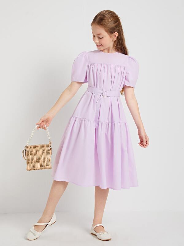 SHEIN 女孩泡泡袖搭扣腰帶連衣裙