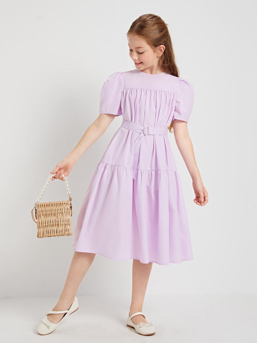 SHEIN 女孩泡泡袖搭扣腰帶連衣裙 - 紫丁香色 - 查看 1