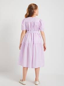 SHEIN 女孩泡泡袖搭扣腰帶連衣裙 - 紫丁香色 - 查看 2