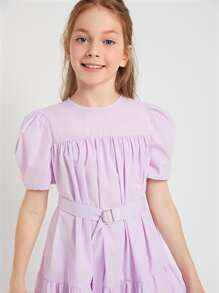 SHEIN 女孩泡泡袖搭扣腰帶連衣裙 - 紫丁香色 - 查看 3