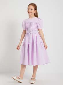 SHEIN 女孩泡泡袖搭扣腰帶連衣裙 - 紫丁香色 - 查看 5
