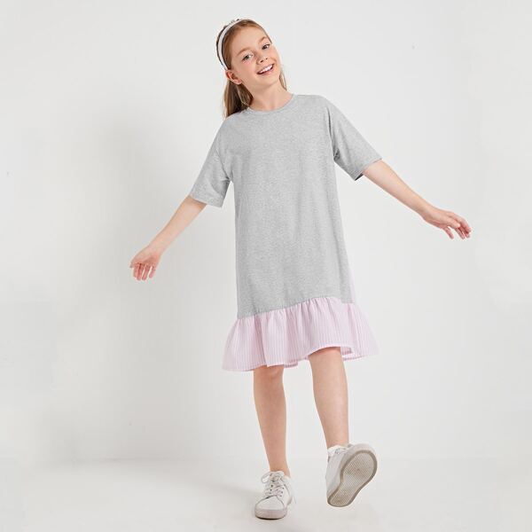 

Girls Striped Contrast Hem Colorblock Dress, Baby pink