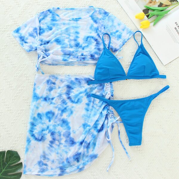 

4pack Micro Triangle Bikini Swimsuit & Tie Dye Cover Up Set, Blue and white