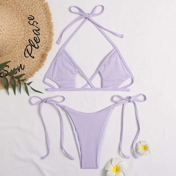 

Criss Cross Halter Tie Side Bikini Swimsuit, Lilac purple