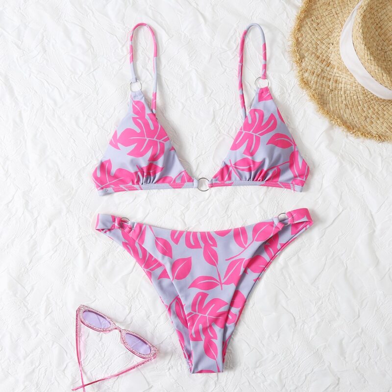 

Leaf Pattern Ring Linked Bikini Swimsuit, Multicolor