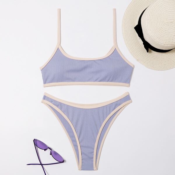 

Rib Contrast Binding Bikini Swimsuit, Lilac purple