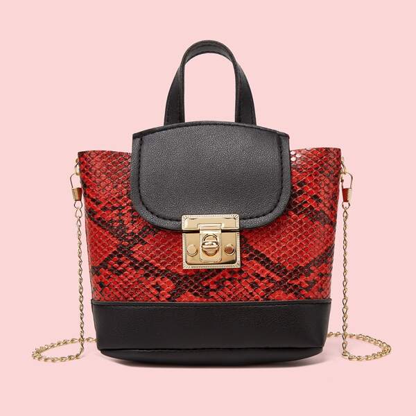 

Snakeskin Print Twist Lock Satchel Bag, Red