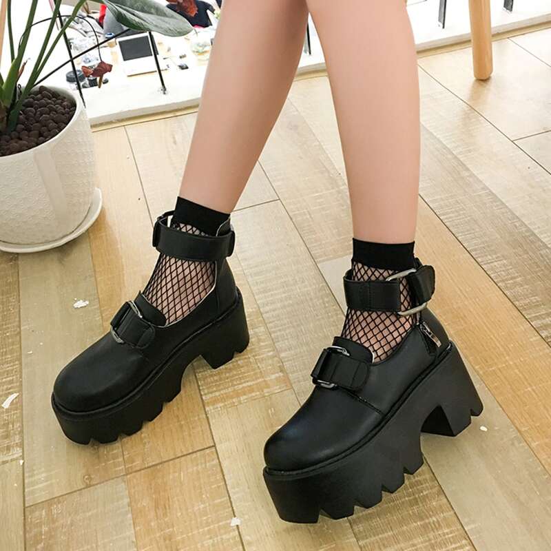

Ankle Strap Platform Mary Jane Wedges, Black