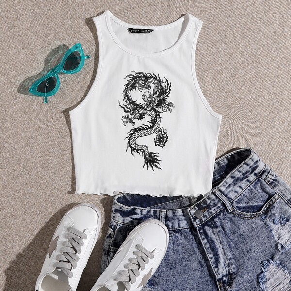 

Chinese Dragon Print Lettuce Trim Tank Top, White