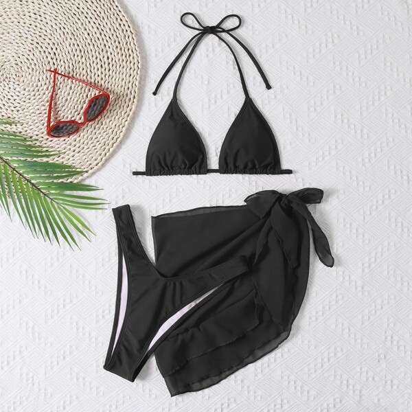 

3pack Micro Triangle Bikini Swimsuit & Beach Skirt, Black