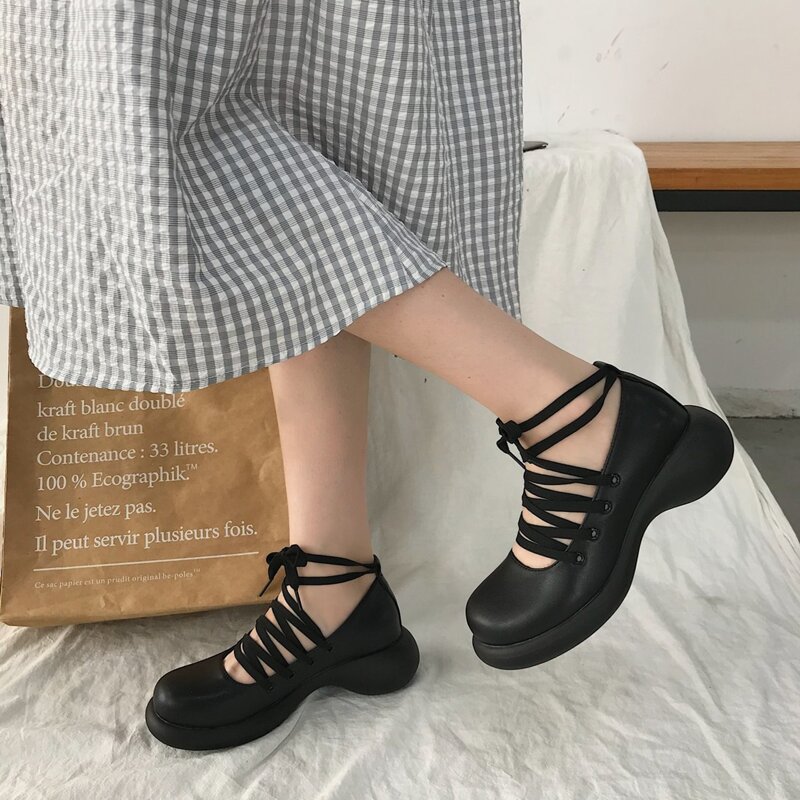 

Lace-up Front Mary Jane Flats, Black