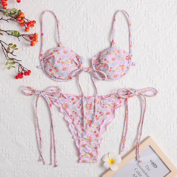 

Ditsy Floral Underwire Tie Side Bikini Swimsuit, Baby pink
