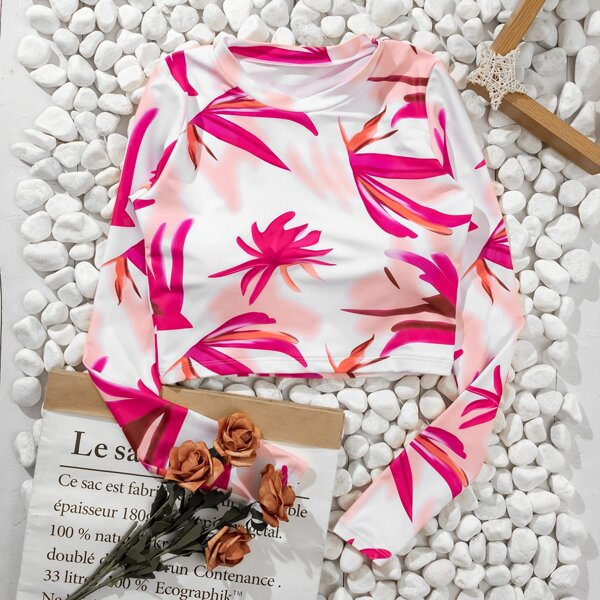 

Leaf Print Tankini Top, Pink