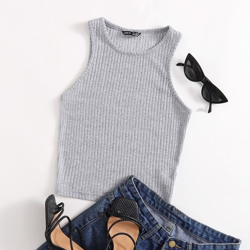 

Solid Rib-knit Tank Top, Grey