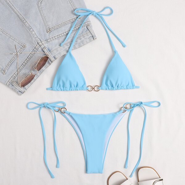 

Ring Linked Micro Triangle Thong Bikini Swimsuit, Pastel baby blue