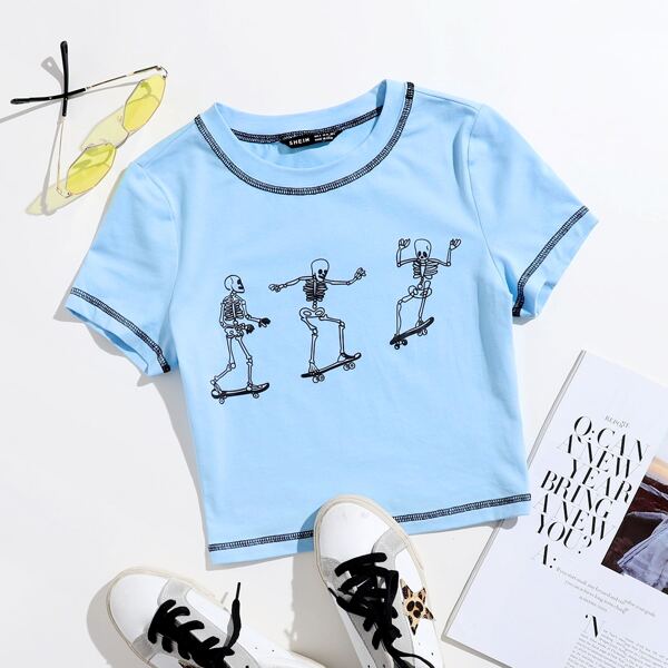 

Skeleton Print Stitch Tee, Baby blue