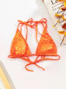 Swim Mod Summer Metallic Tie Shoulder Bikini Top - Orange - View 1