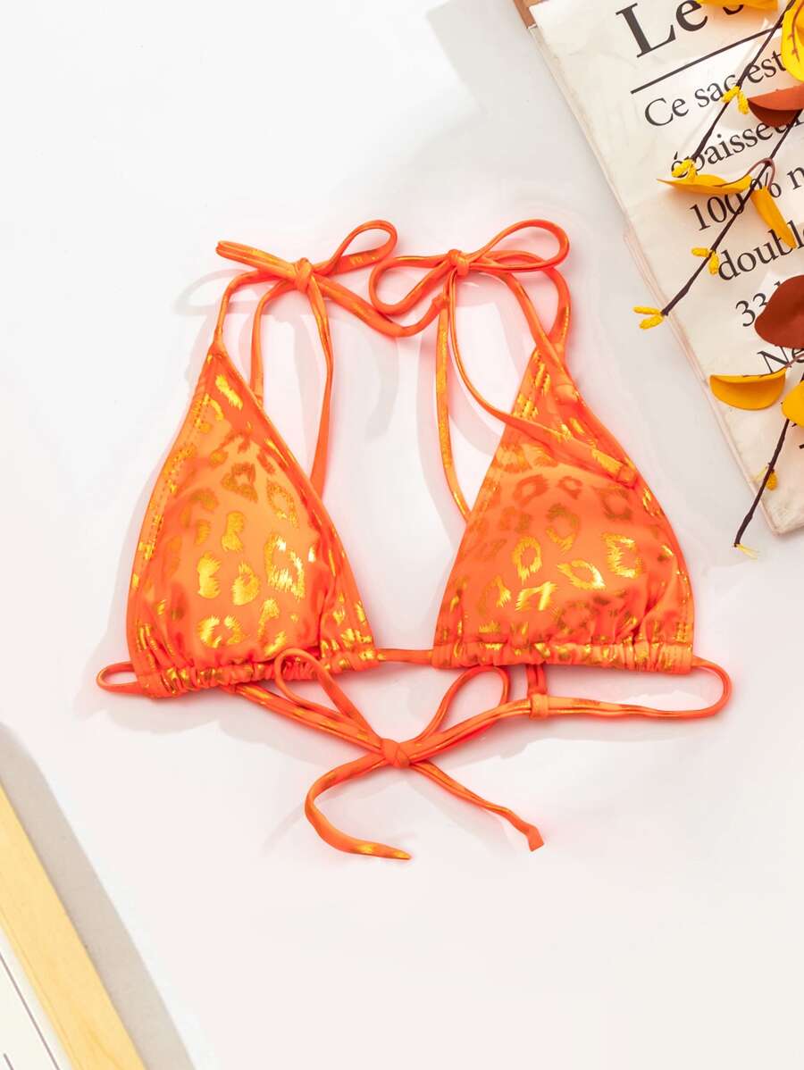 Swim Mod Summer Metallic Tie Shoulder Bikini Top - Orange - View 1
