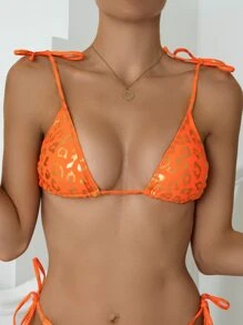 Swim Mod Summer Metallic Tie Shoulder Bikini Top - Orange - View 6