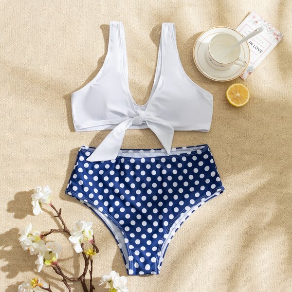 

Polka Dot Knot Front Bikini Swimsuit, Blue and white