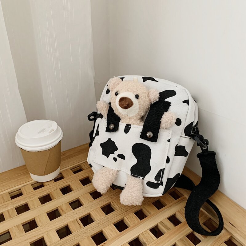 

Cartoon Bear Cow Print Crossbody Bag, Black and white