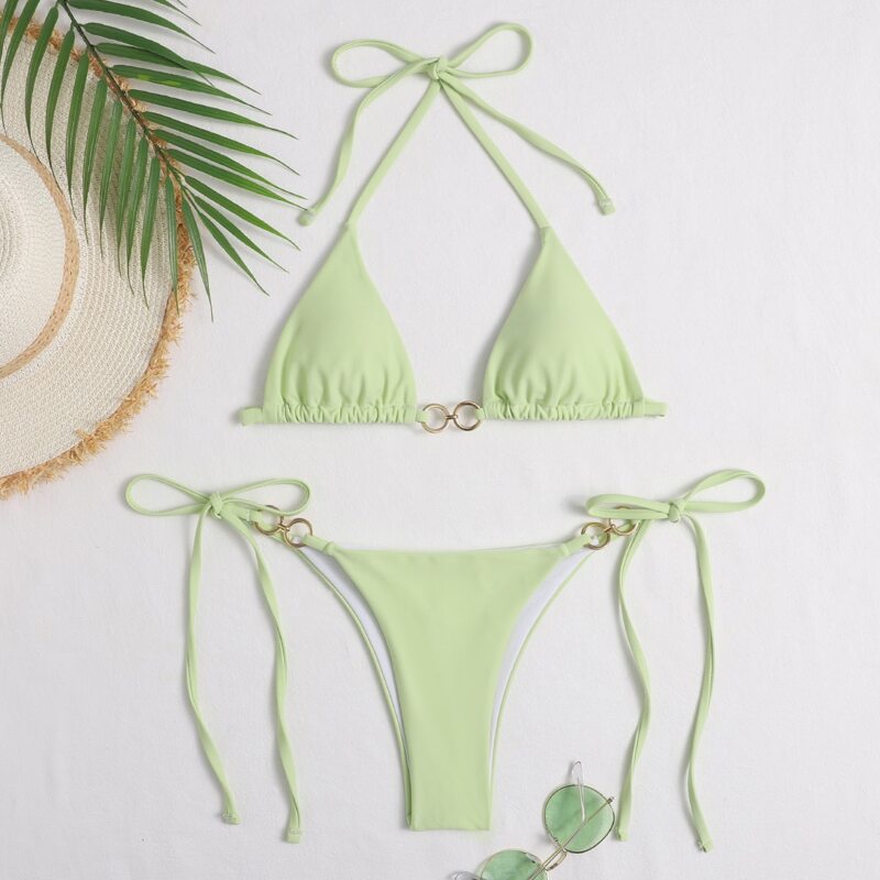 

Ring Linked Micro Triangle Thong Bikini Swimsuit, Mint green