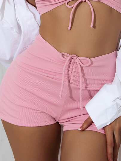 Shorts bikini con cordón delantero de canalé