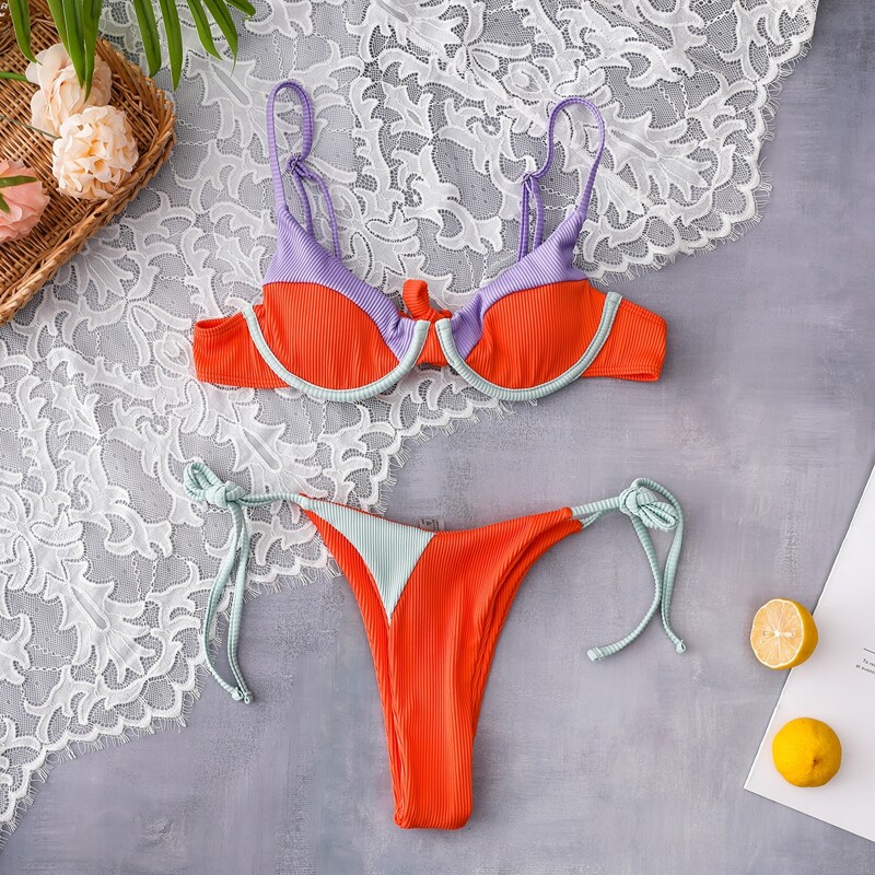 

Colorblock Rib Underwire Bikini Swimsuit, Multicolor