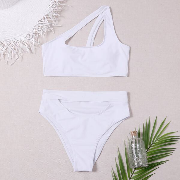 

Cut-out One Shoulder Bikini Swimsuit, White