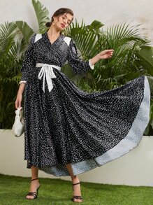 SHEIN X Dr.kholoud Shawl Collar Contrast Panel Self Belted Polka Dot Dress