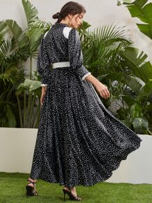 SHEIN X Dr.kholoud Shawl Collar Contrast Panel Self Belted Polka Dot Dress