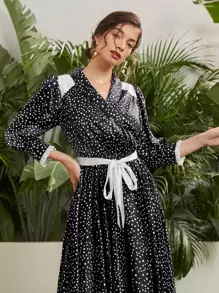 SHEIN X Dr.kholoud Shawl Collar Contrast Panel Self Belted Polka Dot Dress