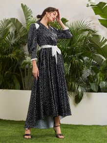 SHEIN X Dr.kholoud Shawl Collar Contrast Panel Self Belted Polka Dot Dress