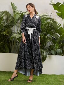 SHEIN X Dr.kholoud Shawl Collar Contrast Panel Self Belted Polka Dot Dress