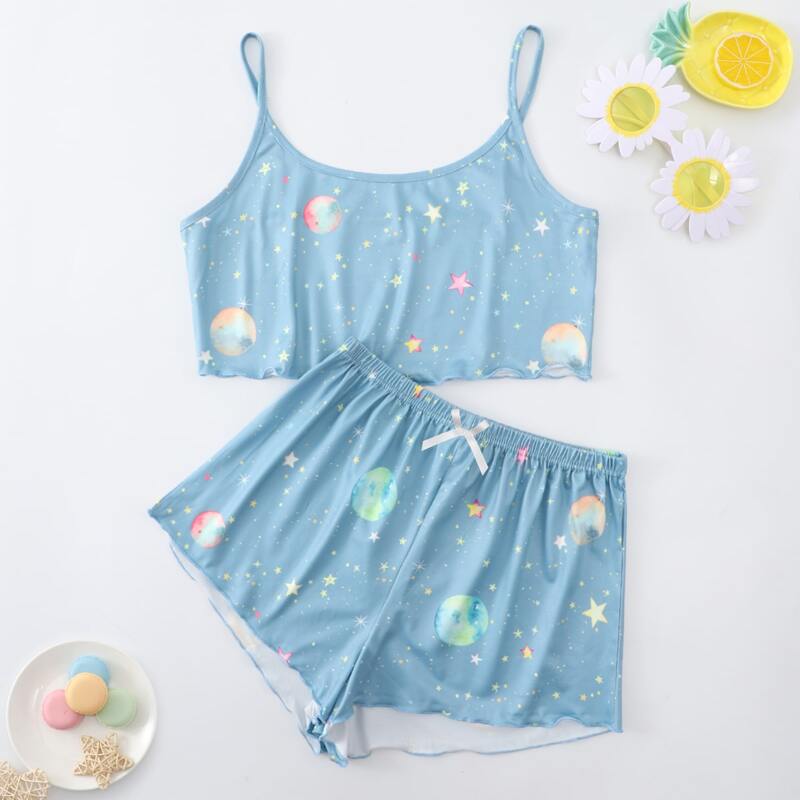 

Galaxy Print Cami & Shorts PJ Set, Baby blue