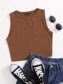 SHEIN EZwear Solid Crop Tank Top - Coffee Brown - View 1