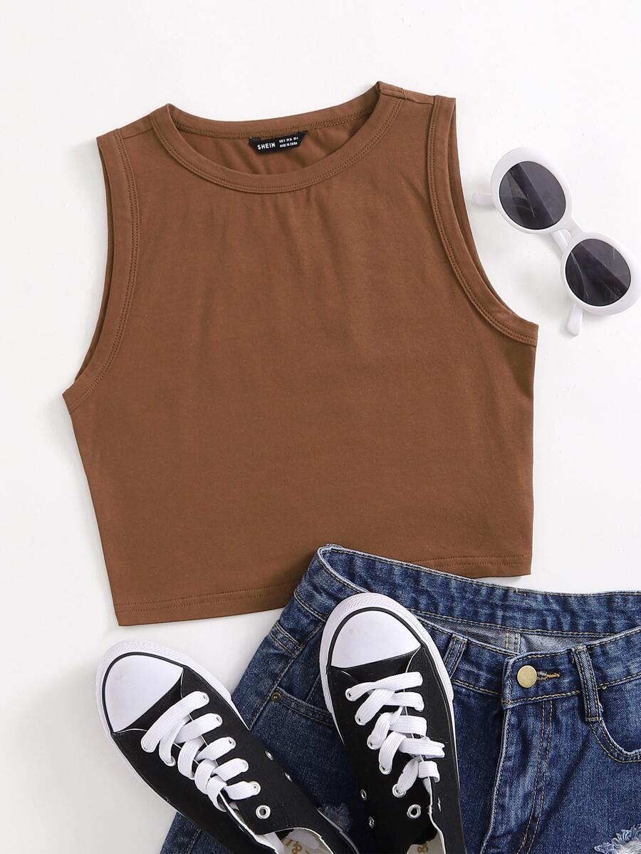 SHEIN EZwear Solid Crop Tank Top - Coffee Brown - View 1