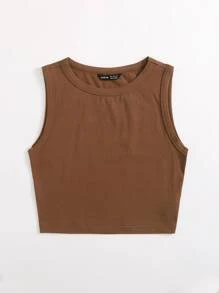 SHEIN EZwear Solid Crop Tank Top - Coffee Brown - View 4