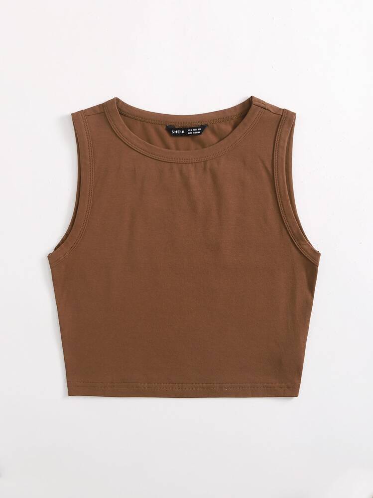 SHEIN EZwear Solid Crop Tank Top - Coffee Brown - View 4