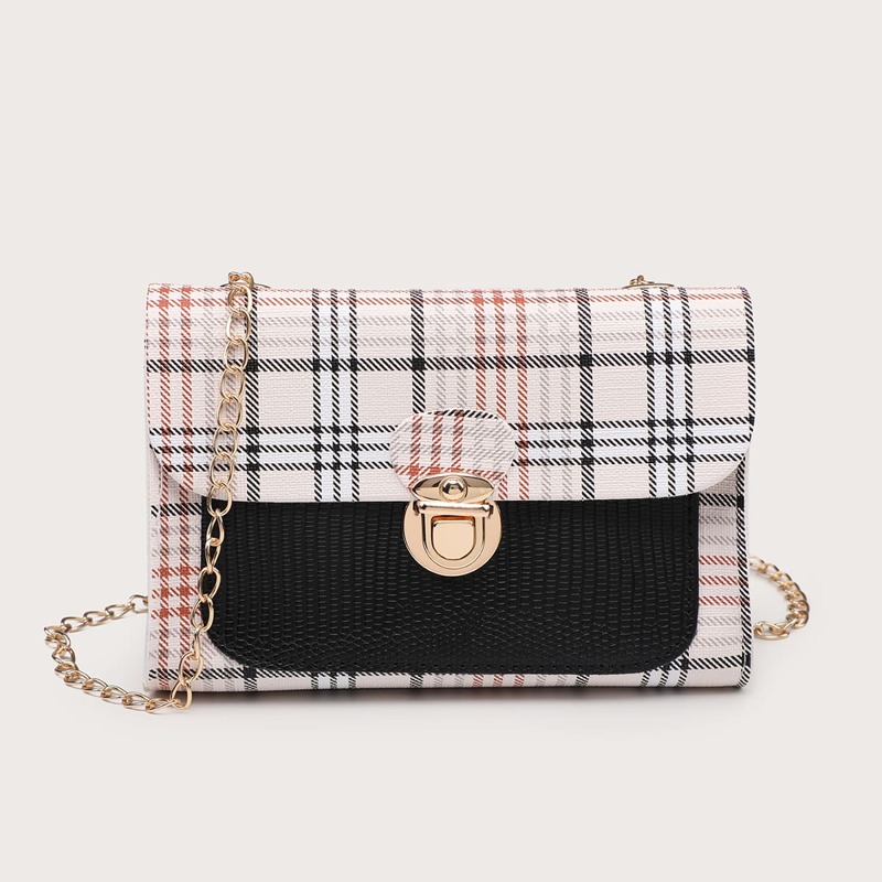 

Plaid Chain Crossbody Bag, Black