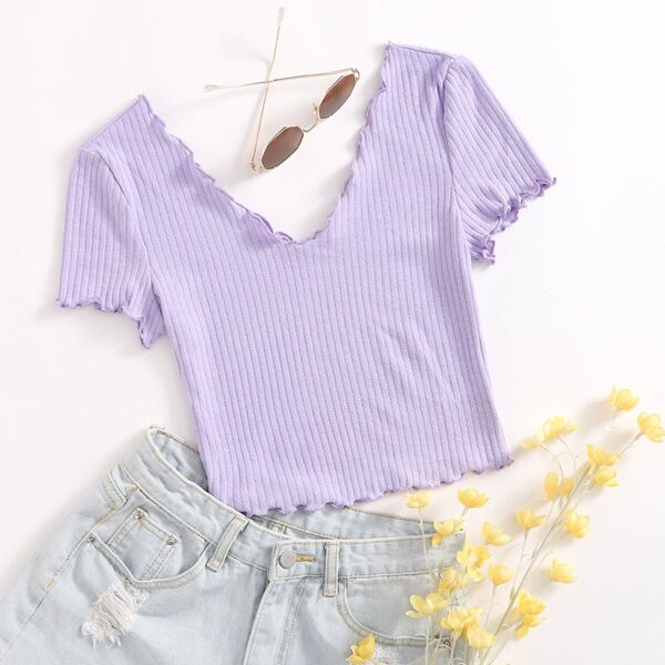 

Lettuce Trim Rib-knit Crop Tee, Lilac purple