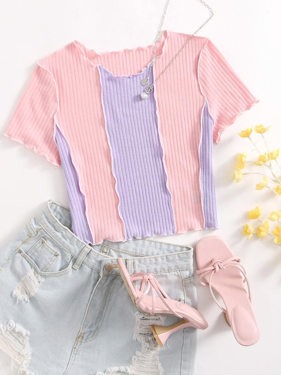 SHEIN EZwear Camiseta de color combinado ribete en forma de lechuga - Multicolor - Ver 1
