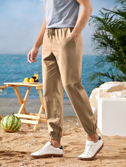 Manfinity Men Drawstring Waist Slant Pocket Solid Pants