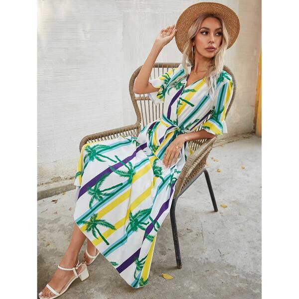 

Tropical Print Belted Flounce Sleeve Dress, Multicolor
