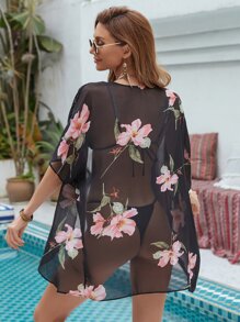 Floral Print Sheer Chiffon Kimono, For Summer Beach Vacation - Multicolor - View 2