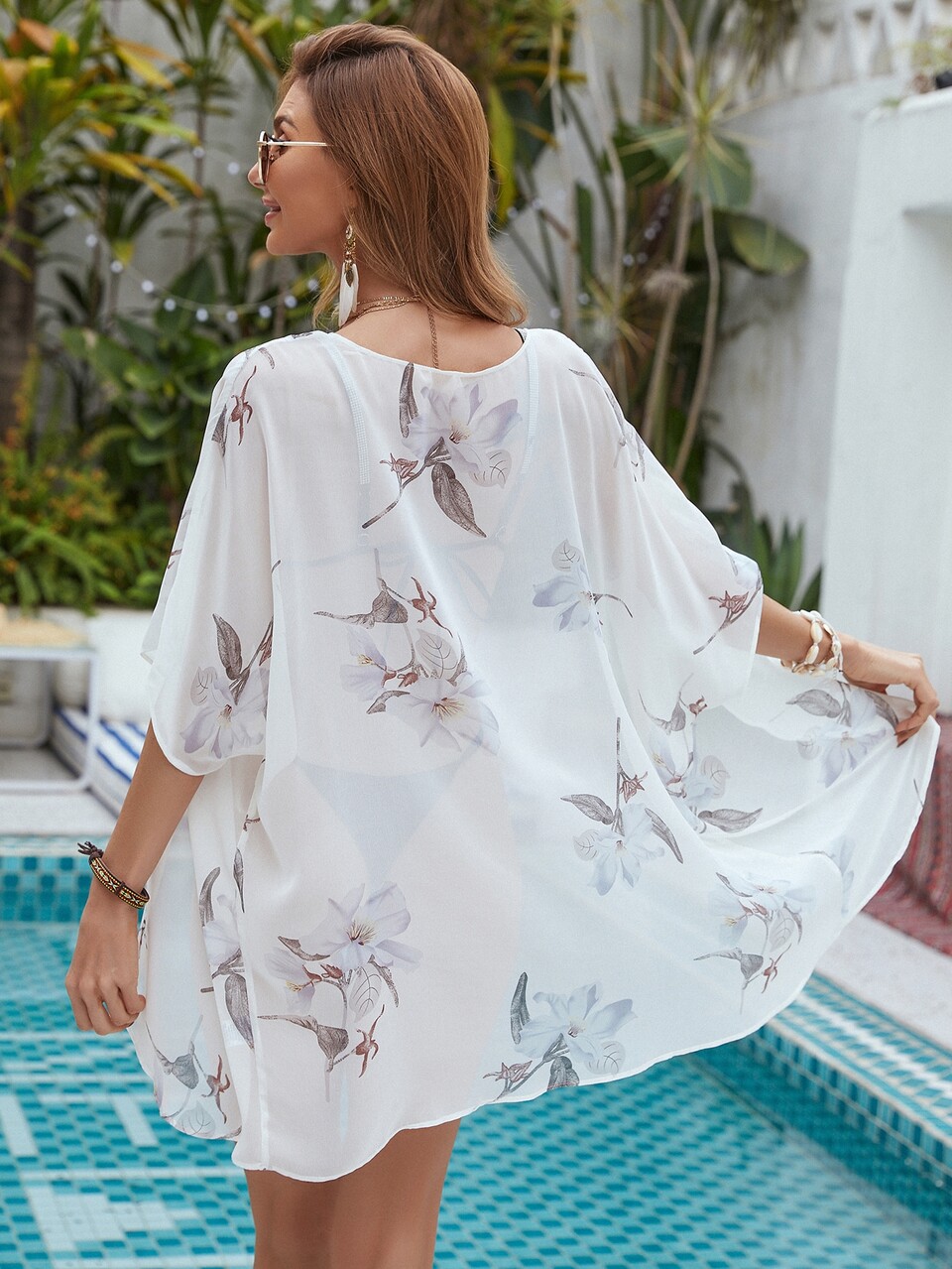Floral Print Sheer Chiffon Kimono,Summer Beach